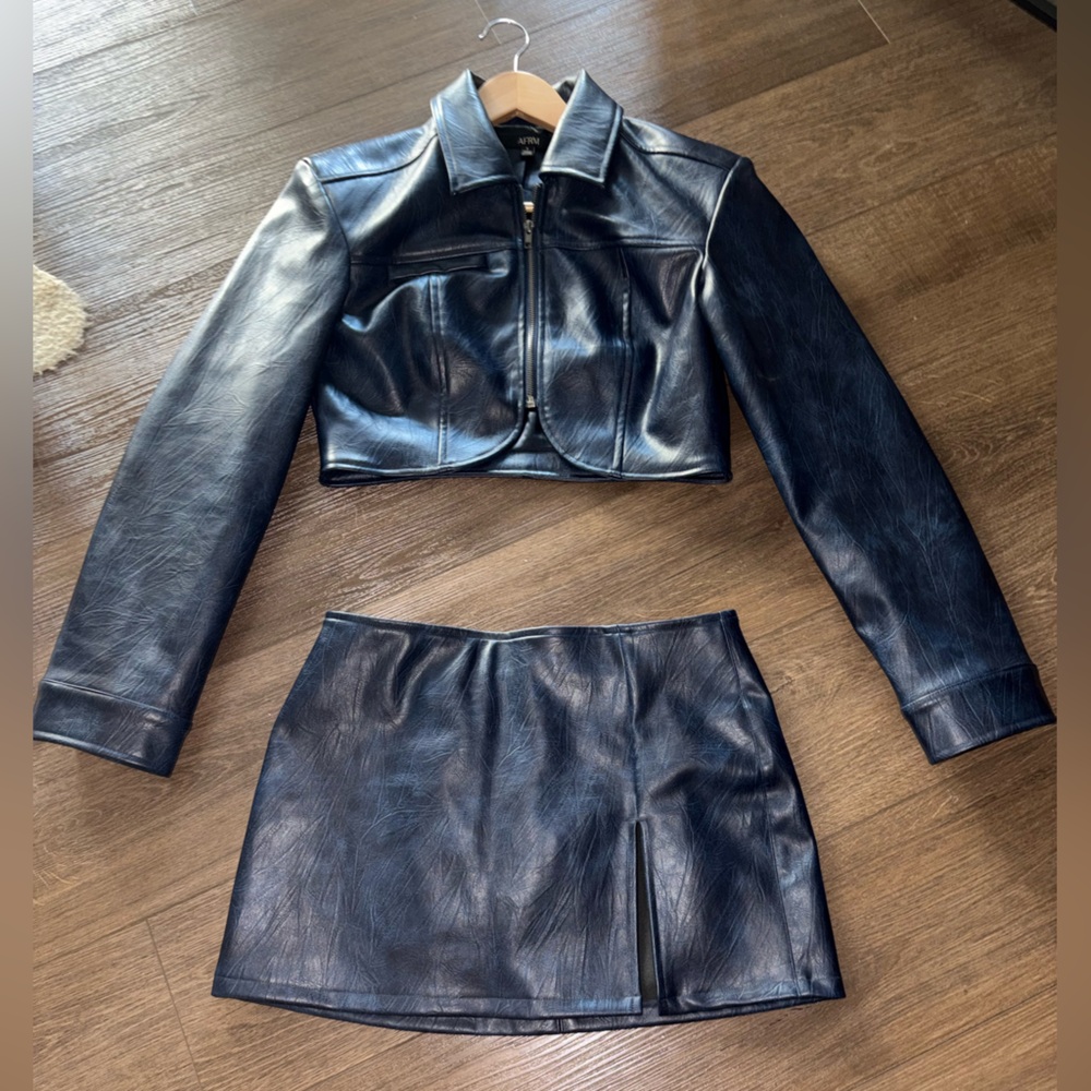 AFRM Blue Faux Leather Zip Jacket and Mini Skirt Set
